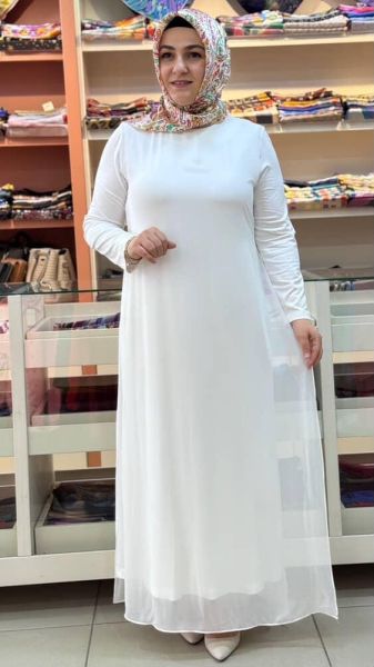 Önü Ve Arkası Tül Detaylı Elbise Ekru/12442