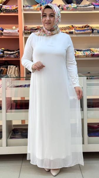 Önü Ve Arkası Tül Detaylı Elbise Ekru/12442