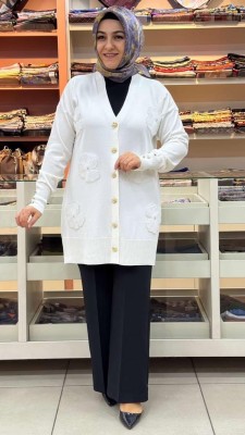  - Organze Çiçek Detaylı Hırka Ekru/15039