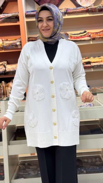 Organze Çiçek Detaylı Hırka Ekru/15039