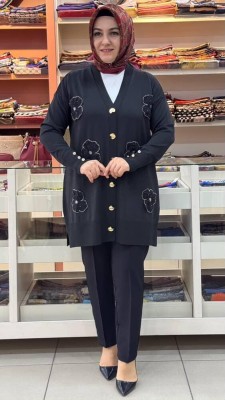  - Organze Çiçek Detaylı Hırka Siyah/15039