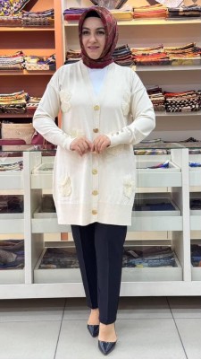  - Organze Çiçek Detaylı Hırka Taş/15039