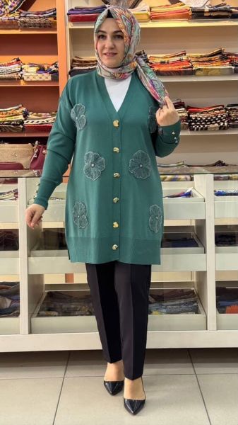 Organze Çiçek Detaylı Hırka Yeşil/15039