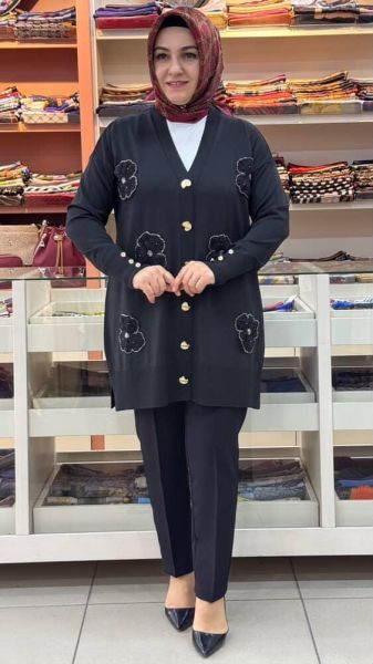 Organze Çiçek Detaylı Hırka Siyah/15039
