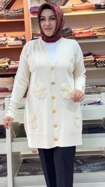Organze Çiçek Detaylı Hırka Taş/15039