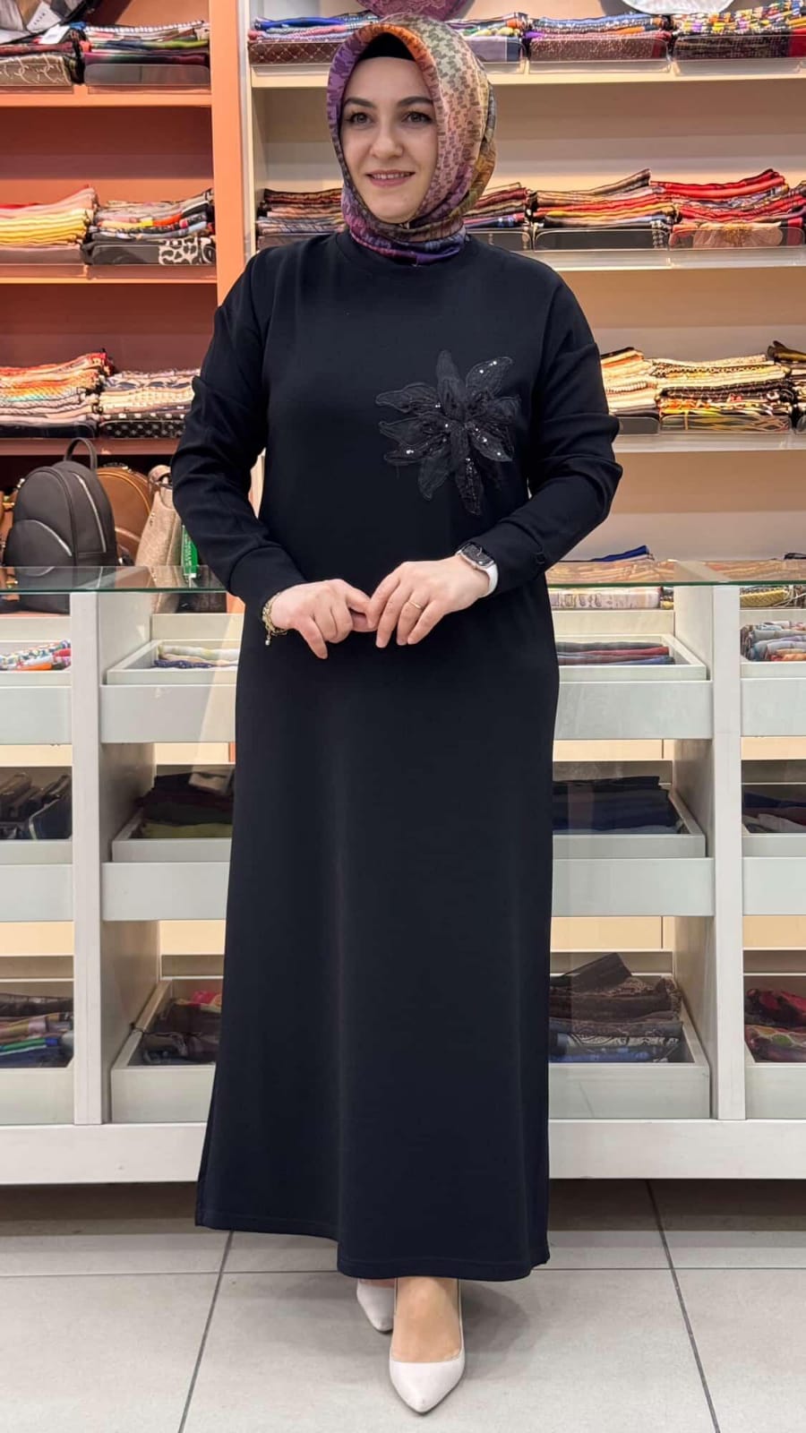 inza moda - Organze Çiçekli Elbise Sİyah/5275