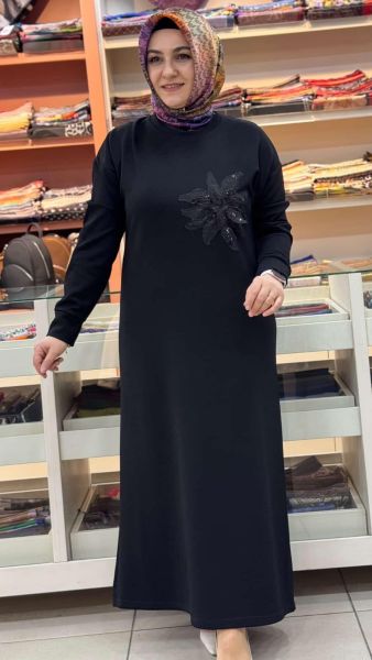 Organze Çiçekli Elbise Sİyah/5275