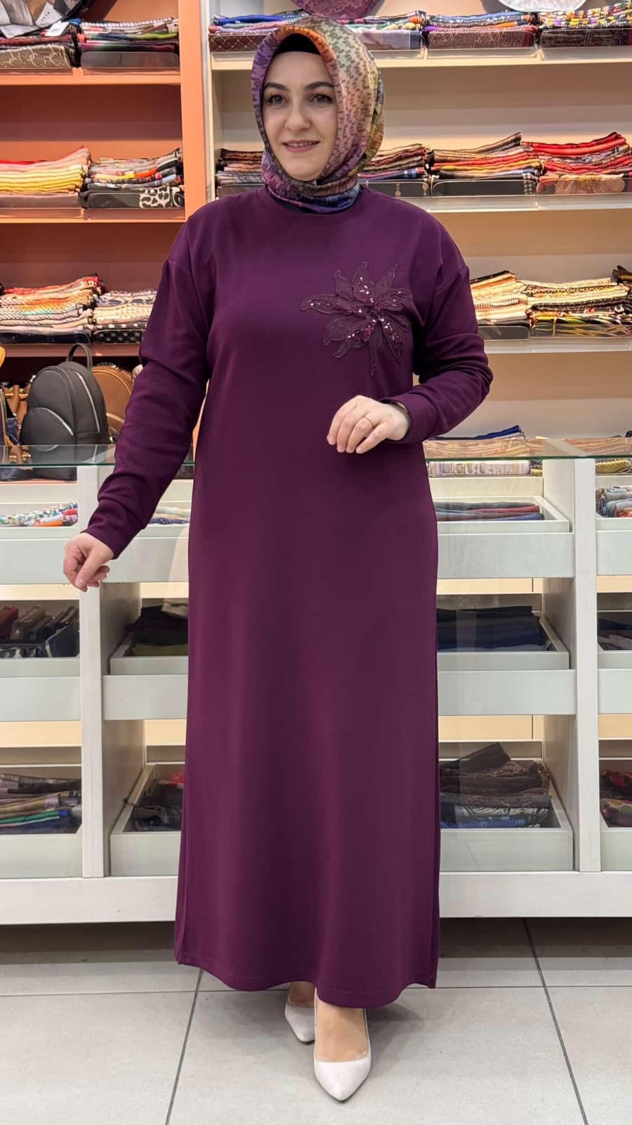 inza moda - Organze Çiçekli Elbise Bordo/5275