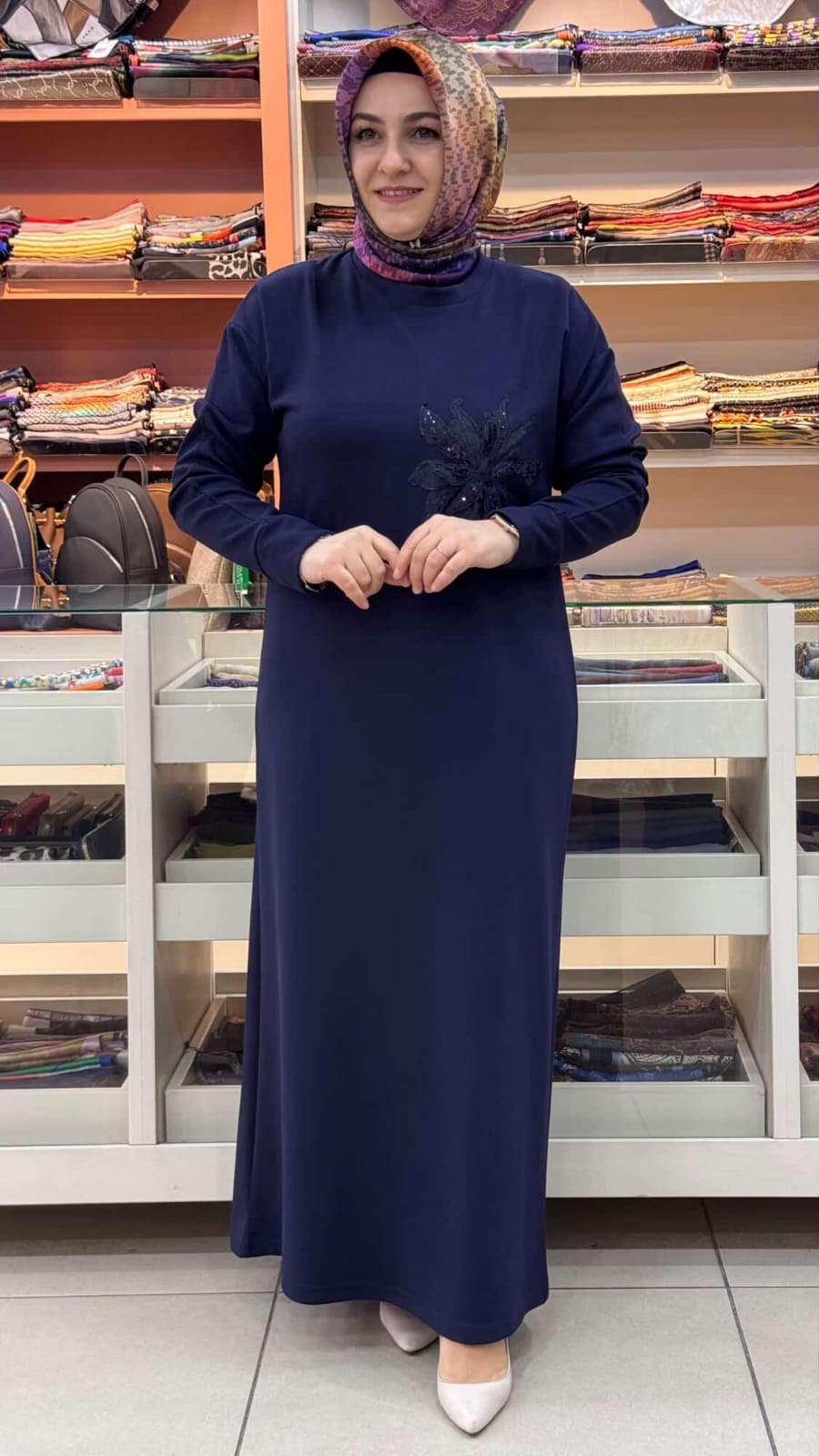 inza moda - Organze Çiçekli Elbise Lacivert/5275