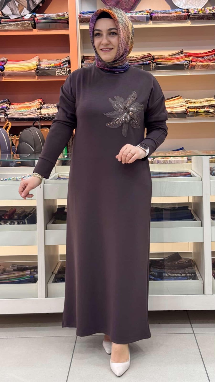 inza moda - Organze Çiçekli Elbise Acı Kahve/5275