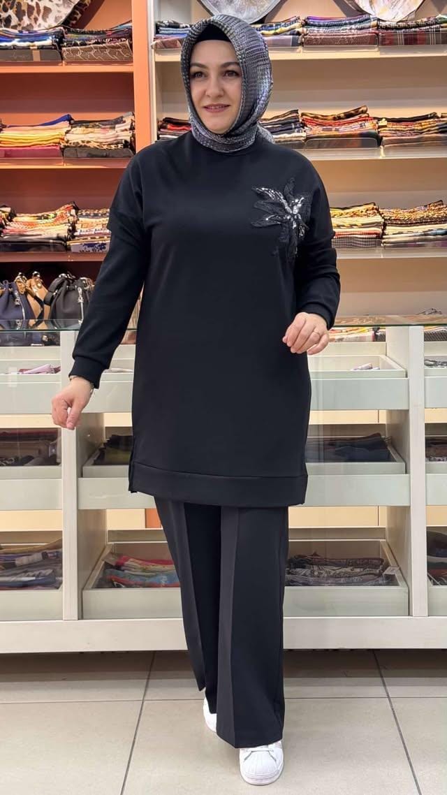 inza moda - Organze Tül Çiçek Detaylı Tunik Siyah/1859