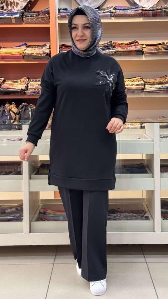 Organze Tül Çiçek Detaylı Tunik Siyah/1859