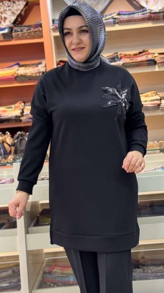 Organze Tül Çiçek Detaylı Tunik Siyah/1859