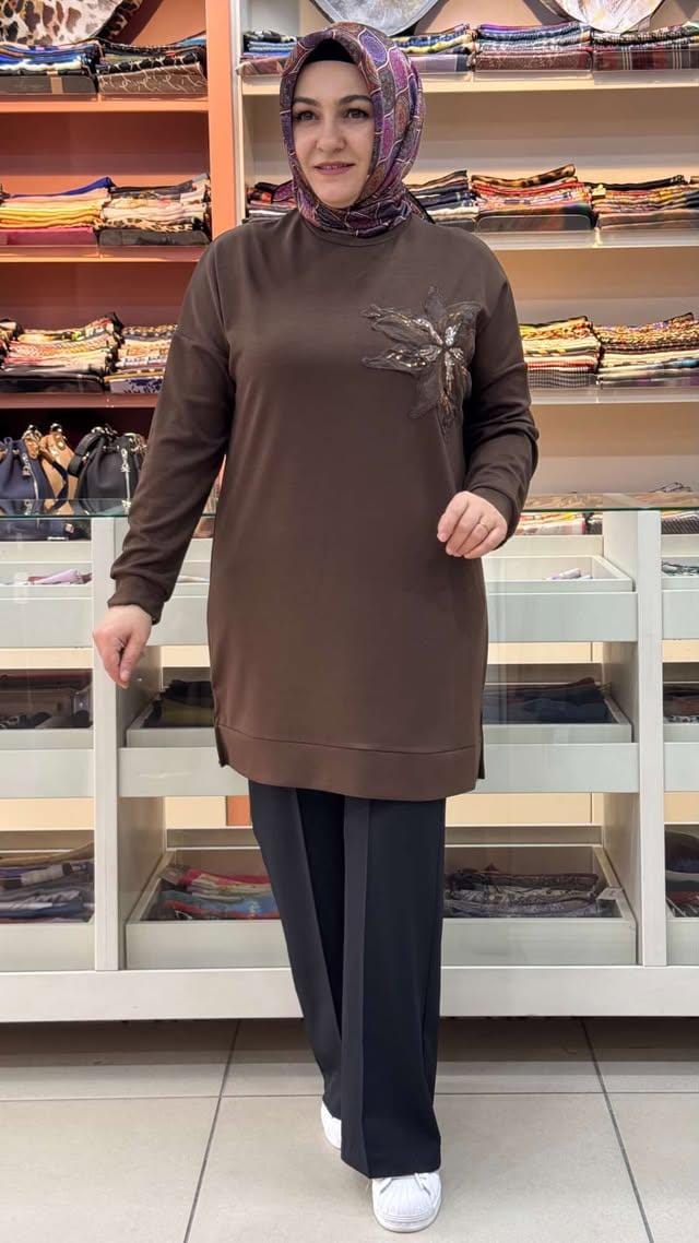 inza moda - Organze Tül Çiçek Detaylı Tunik Kahve/1859