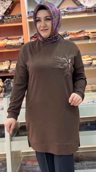 Organze Tül Çiçek Detaylı Tunik Kahve/1859