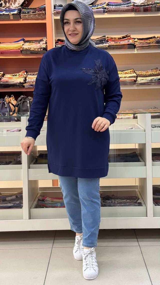 inza moda - Organze Tül Çiçek Detaylı Tunik Lacivert/1859