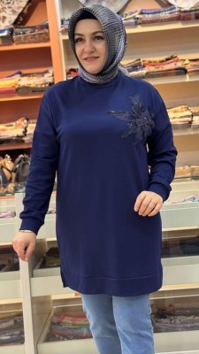 Organze Tül Çiçek Detaylı Tunik Lacivert/1859 - Thumbnail