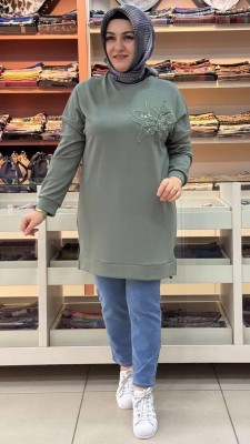 inza moda - Organze Tül Çiçek Detaylı Tunik Yeşil/1859