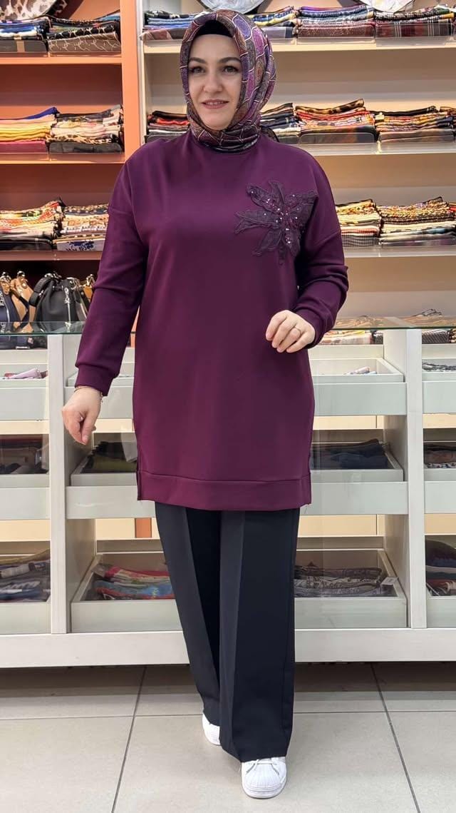 inza moda - Organze Tül Çiçek Detaylı Tunik Bordo/1859