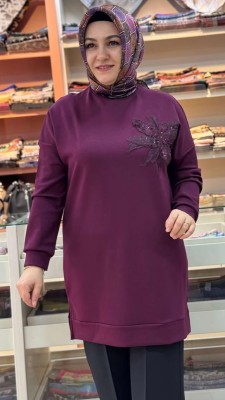 Organze Tül Çiçek Detaylı Tunik Bordo/1859 - Thumbnail