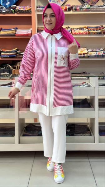 Orkide Desenli Çizgili Giyçık Fuşya/20821