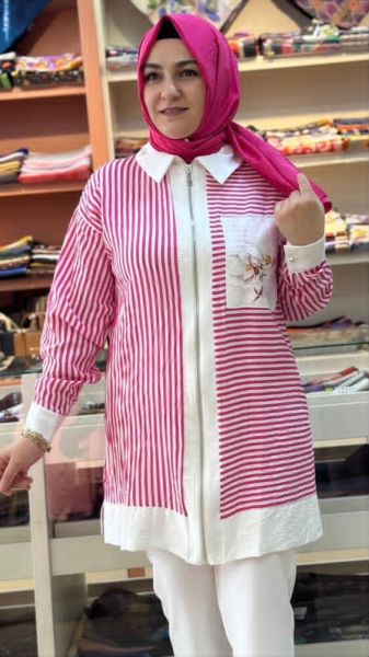 Orkide Desenli Çizgili Giyçık Fuşya/20821