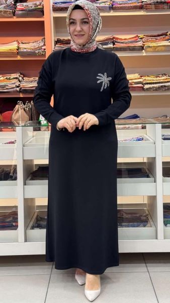 Palmiye Taşlı Elbise Siyah/5423