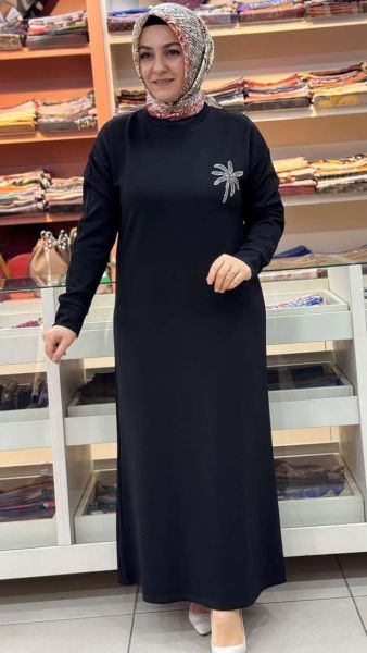 Palmiye Taşlı Elbise Siyah/5423