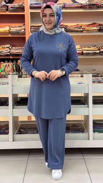 Palmiye Taşlı Pantolonlu Takım Mavi/12591
