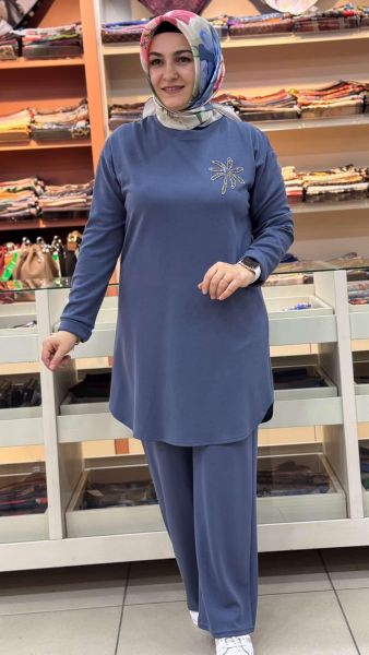 Palmiye Taşlı Pantolonlu Takım Mavi/12591