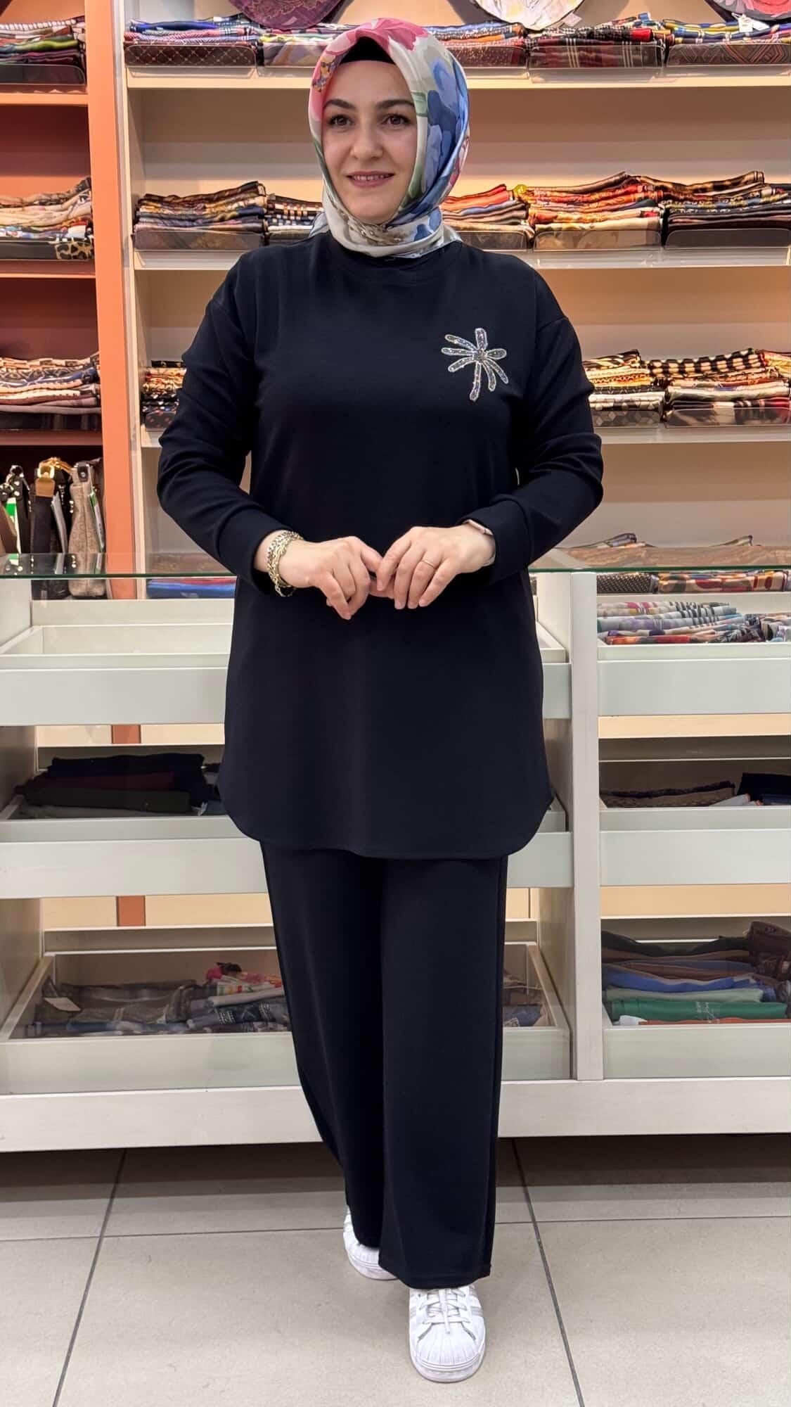 inza moda - Palmiye Taşlı Pantolonlu Takım Siyah/12591