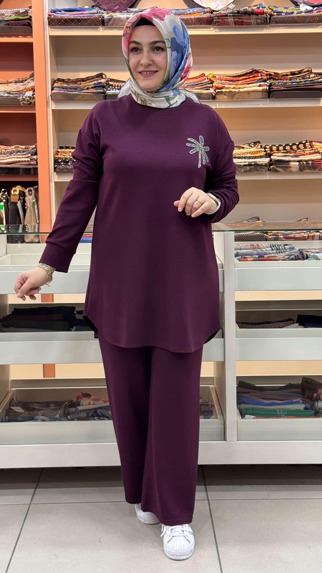 inza moda - Palmiye Taşlı Pantolonlu Takım Bordo/12591