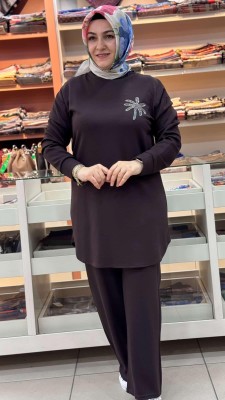 Palmiye Taşlı Pantolonlu Takım Siyah/12591 - Thumbnail