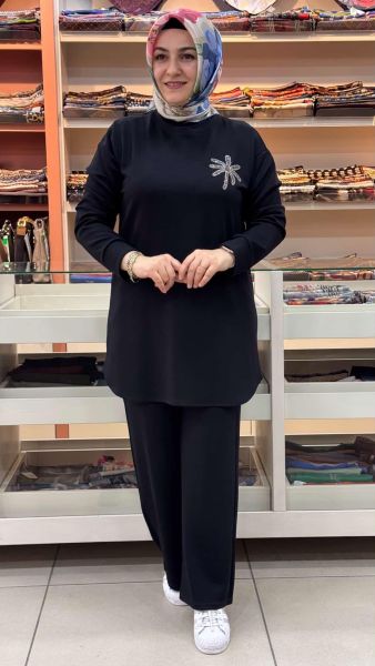 Palmiye Taşlı Pantolonlu Takım Siyah/12591