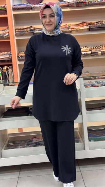 Palmiye Taşlı Pantolonlu Takım Siyah/12591