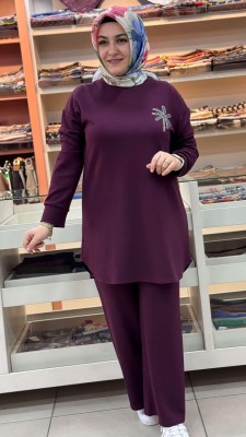 Palmiye Taşlı Pantolonlu Takım Bordo/12591 - Thumbnail