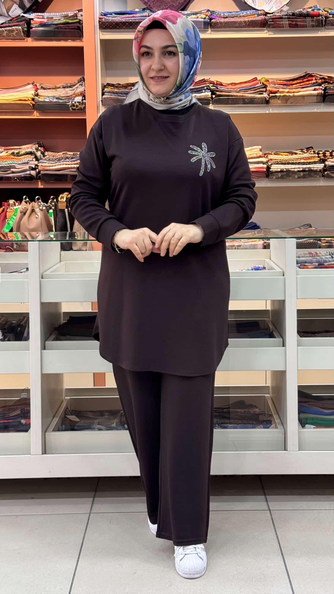 inza moda - Palmiye Taşlı Pantolonlu Takım Acı Kahve/12591