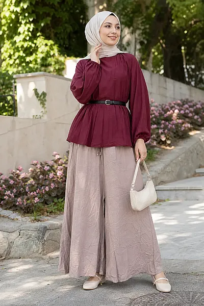 Pamuklu Bol Paça Pantolon Vizon /20670