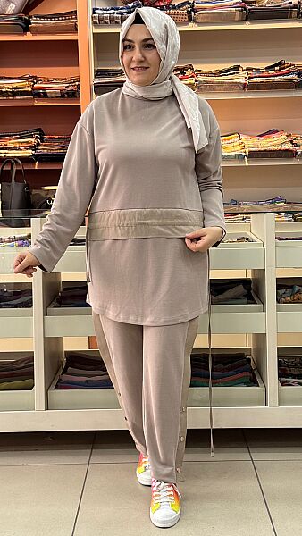 Pantolonu Düğme Detaylı Takım Bej/14456