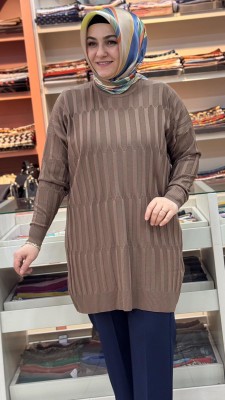 Parmak Desen Triko Tunik Vizon/3174 - Thumbnail