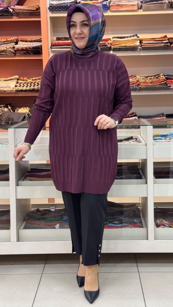 Parmak Desen Triko Tunik Mürdüm/3174