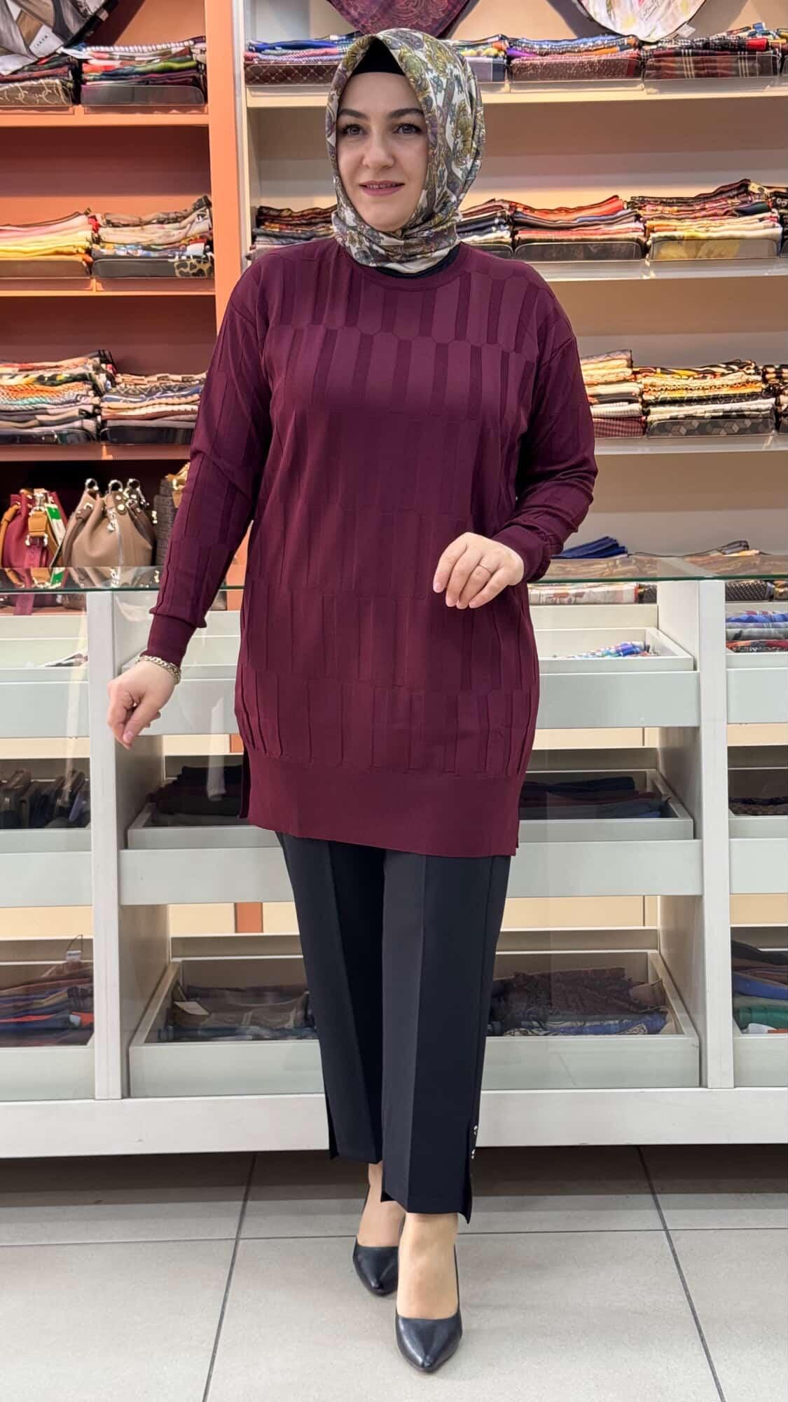 inza moda - Parmak Desen Triko Tunik Bordo/1874