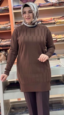 Parmak Desen Triko Tunik Kahve/1874 - Thumbnail