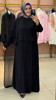 Pelerin Taş Detaylı Elbise Siyah/6403 - Thumbnail