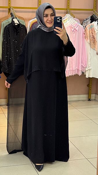 Pelerin Taş Detaylı Elbise Siyah/6403