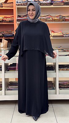 HIRQA - Pelerin Taş Detaylı Elbise Siyah/6403