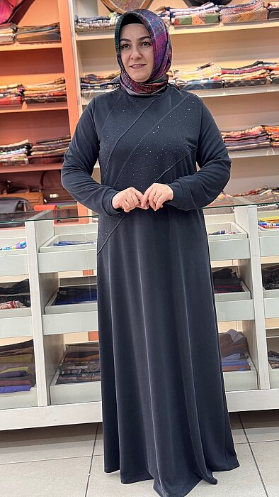 Pike Kumaş Taş Ve Dikiş Detaylı Elbise Antrasit/92211 - 2
