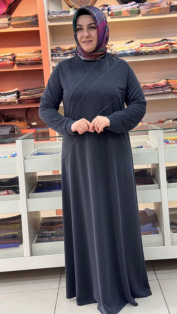 Pike Kumaş Taş Ve Dikiş Detaylı Elbise Antrasit/92211 - 2