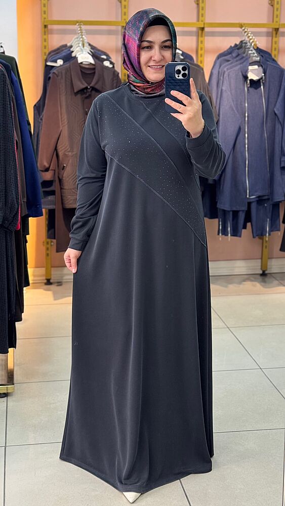 Pike Kumaş Taş Ve Dikiş Detaylı Elbise Antrasit/92211 - 3