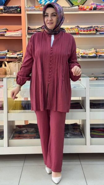 Pile Ve Düğme Detaylı Takım Marsala/71281